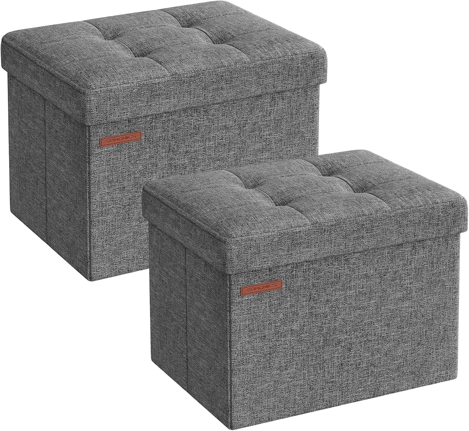 SONGMICS dark gray linen look storage ottoman in a modern living room